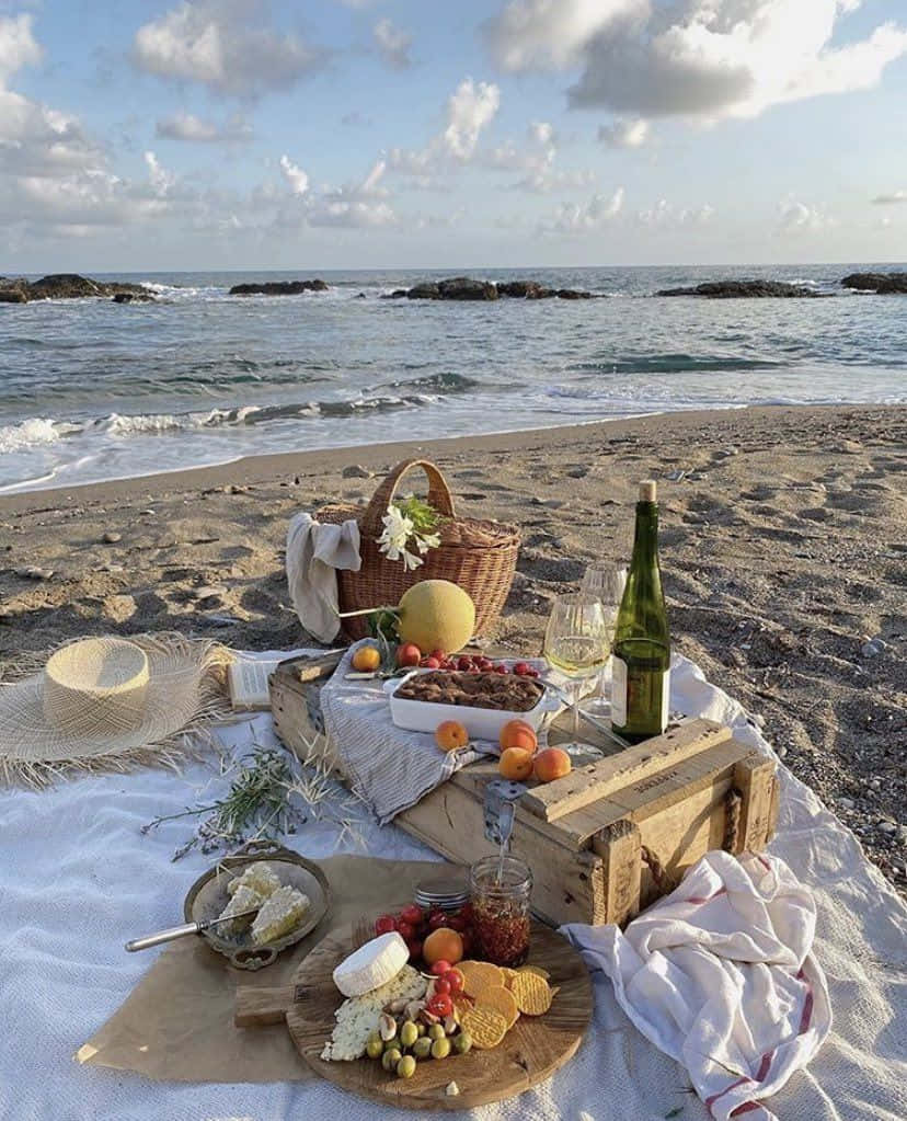 Beach Picnic, wooden crate, cheese fruit wine, SD Phone Wallpaper