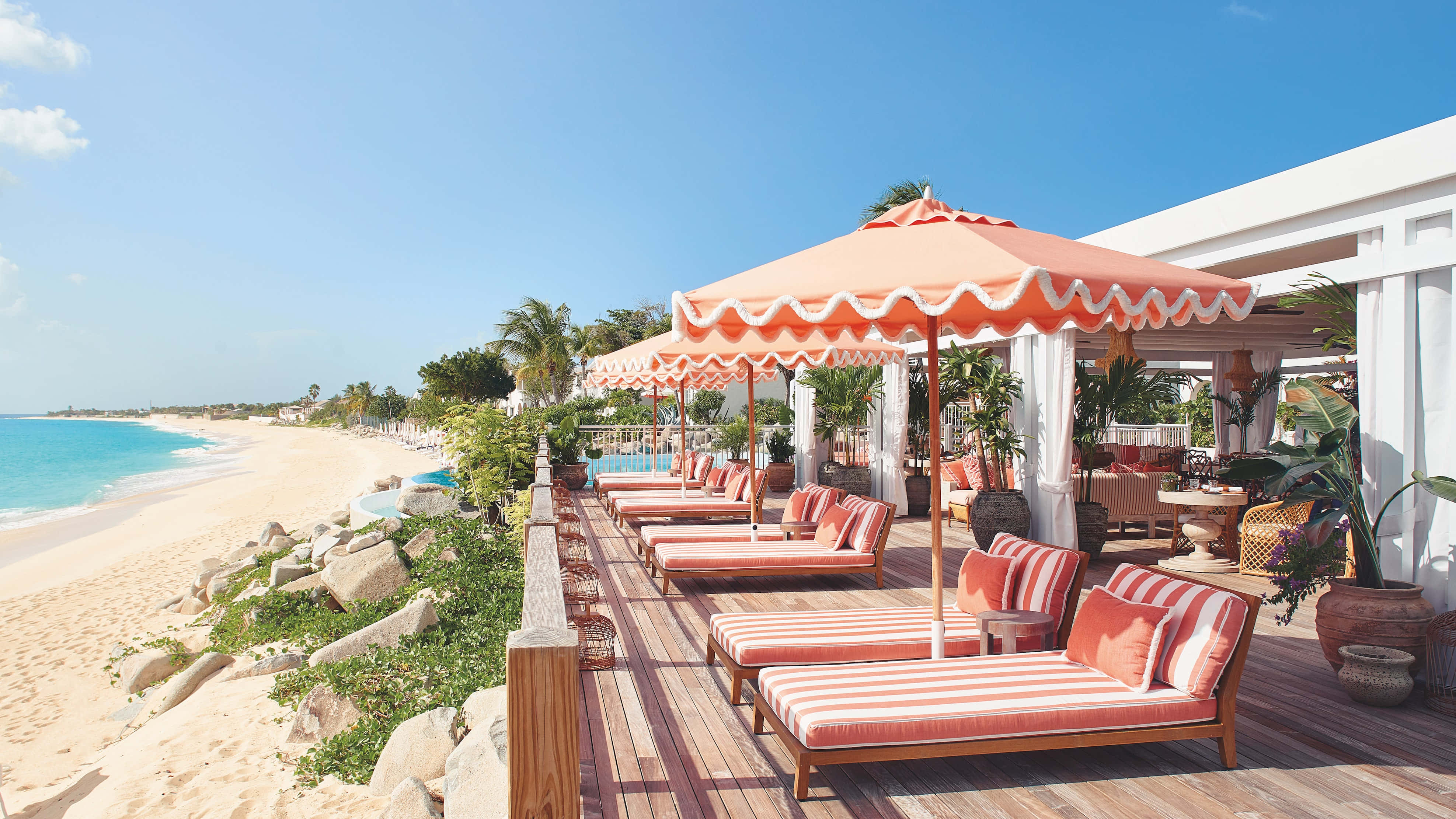 luxurious beach resort, sunset, coral striped lounge chairs, 4K Desktop Wallpaper