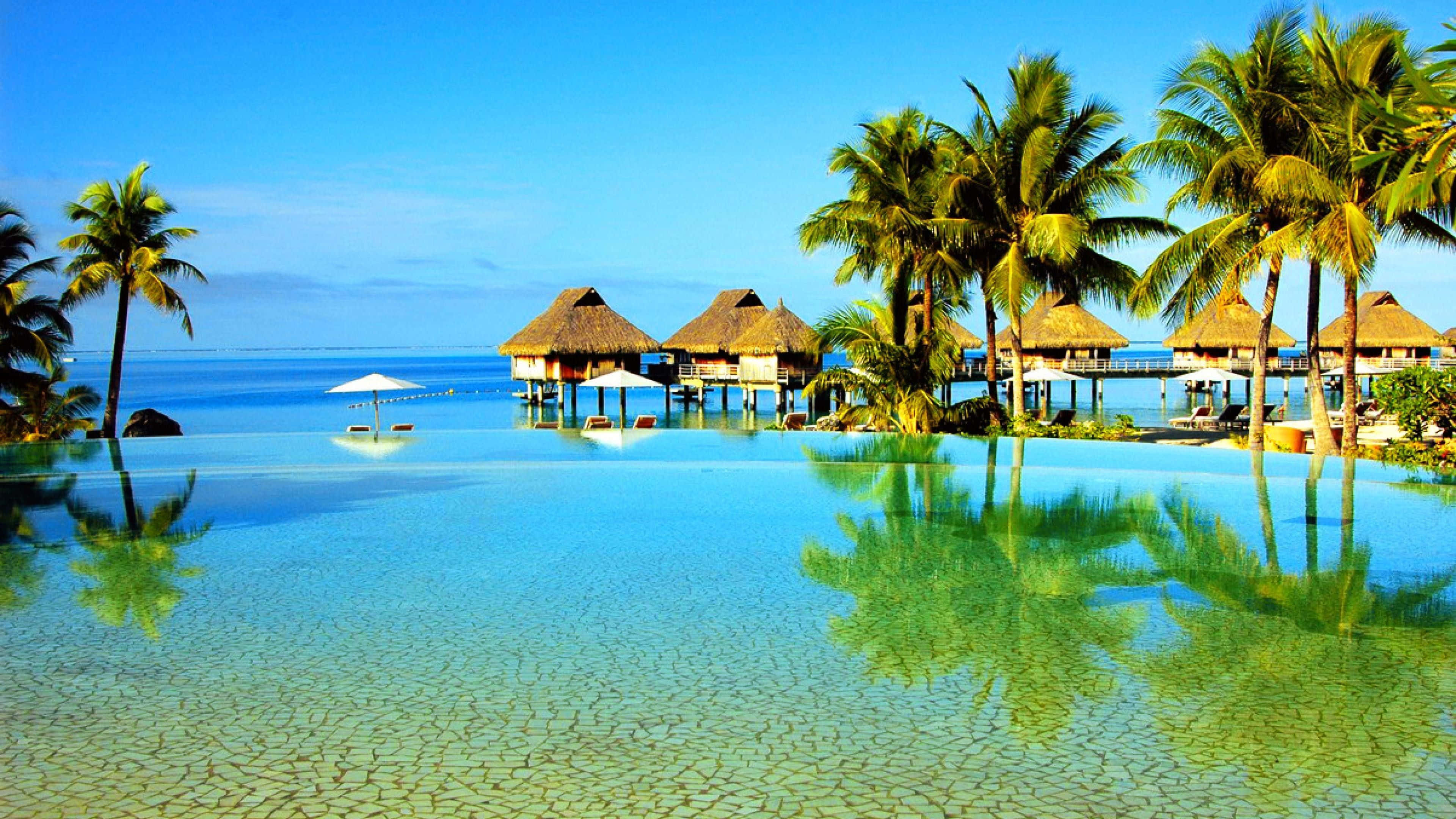 Beach Resort, infinity pool, turquoise ocean, 4K Desktop Wallpaper