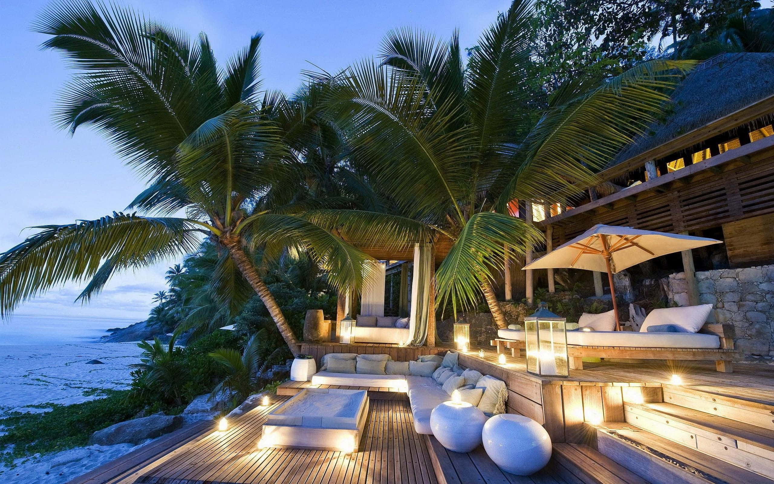 Beach Resort, twilight, palm trees, 2K Desktop Wallpaper