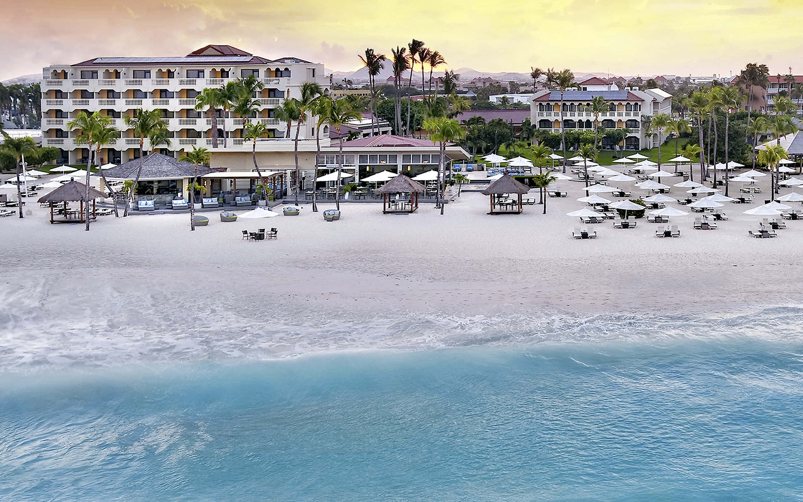 Beach Resort, sunset, white sand, 2K Desktop Wallpaper