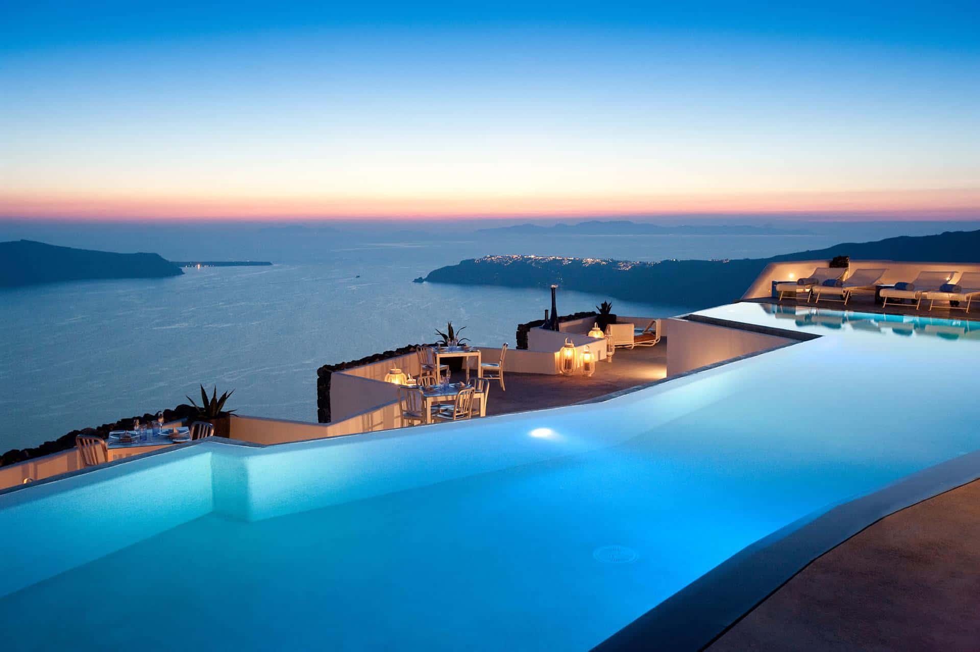 Beach Resort, infinity pool, dusk, Full HD Desktop Wallpaper