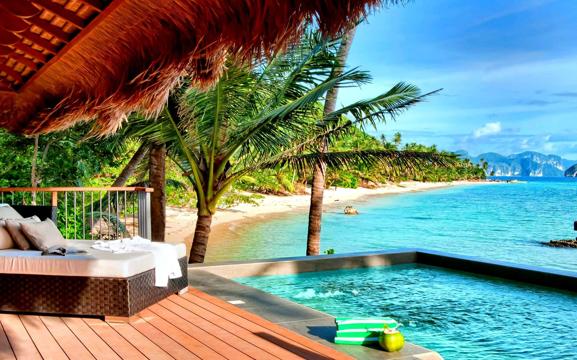 Beach Resort, tropical villa, private pool, Full HD Desktop Wallpaper