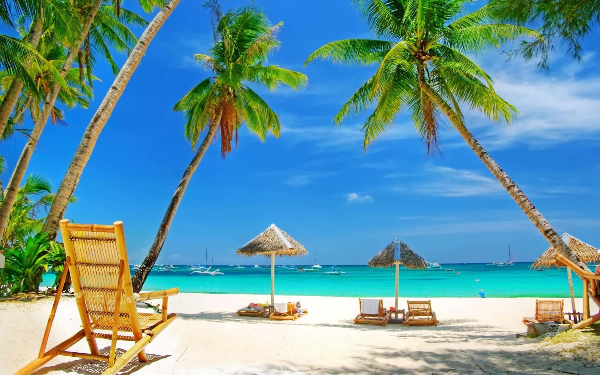 Beach Resort, tropical beach paradise, palm trees, Full HD Desktop Wallpaper