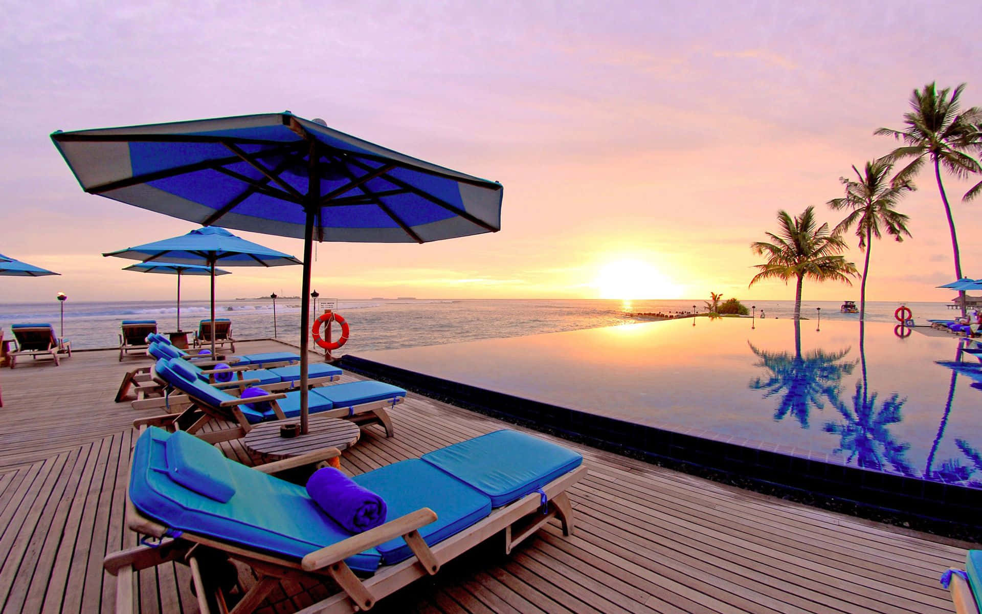 Beach Resort, Sunset, infinity pool, Full HD Desktop Wallpaper