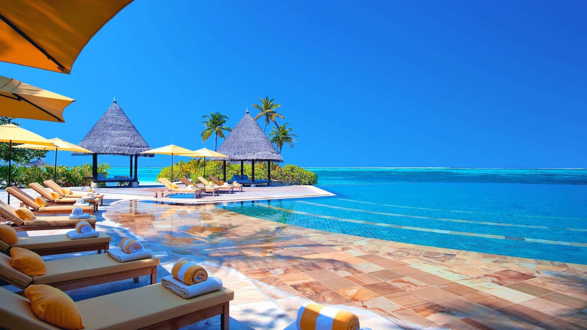 Beach Resort, infinity pool, thatched huts, Full HD Desktop Wallpaper