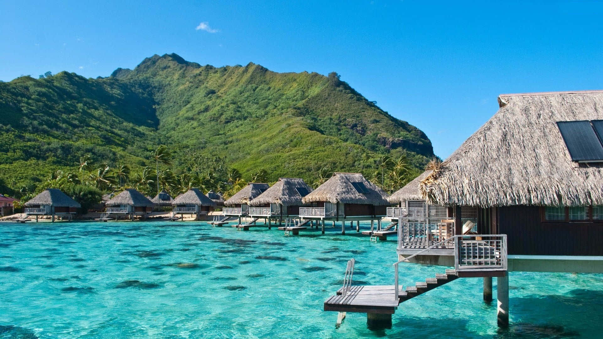 Beach Resort, overwater bungalows, thatched roofs, Full HD Desktop Wallpaper