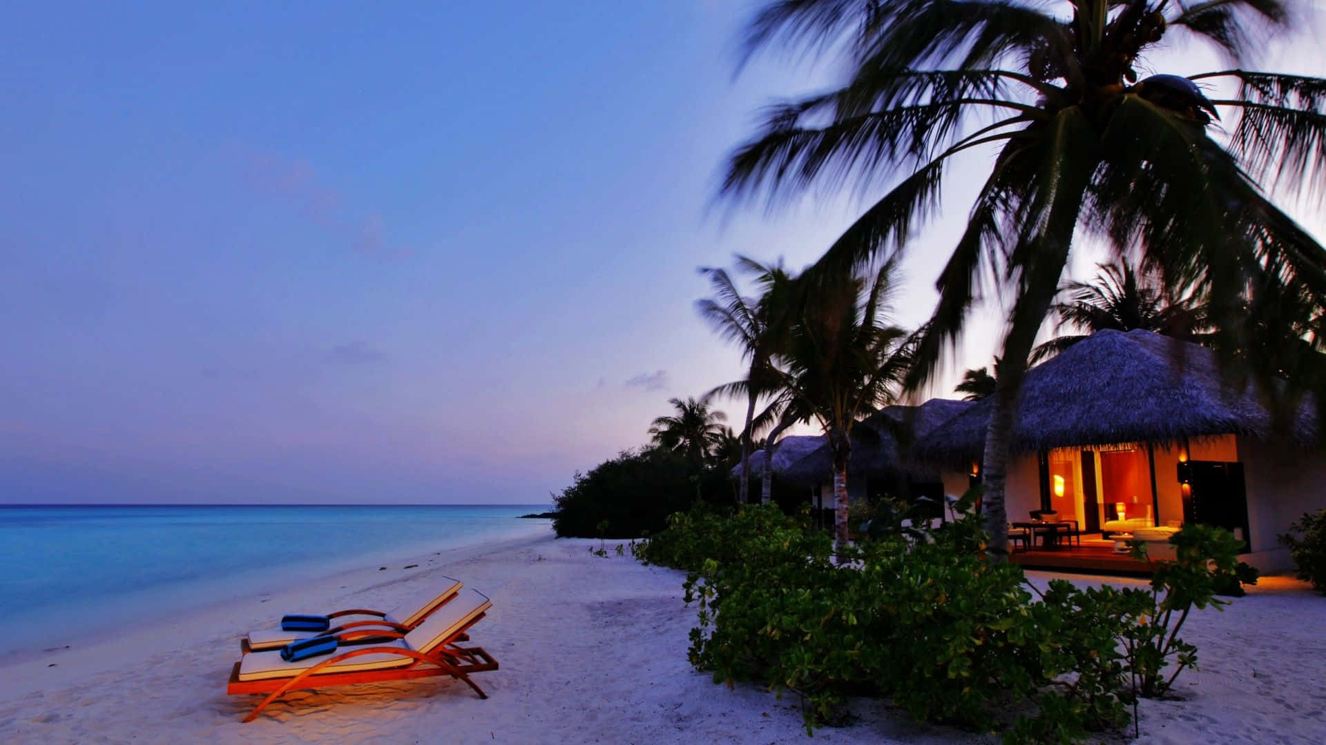 Beach Resort, white sandy beach, twilight, Full HD Desktop Wallpaper