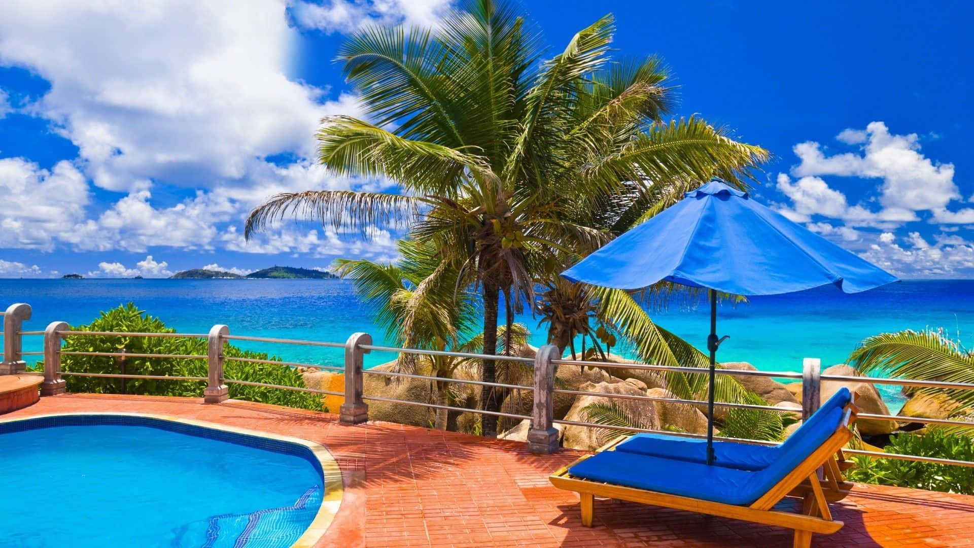 tropical poolside lounge, blue umbrella, lounge chair, Full HD Desktop Wallpaper