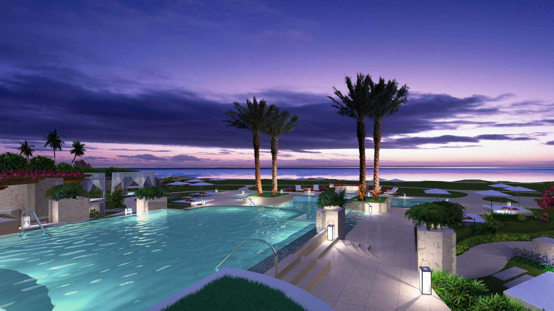Beach Resort, twilight skies, palm trees, Full HD Desktop Wallpaper