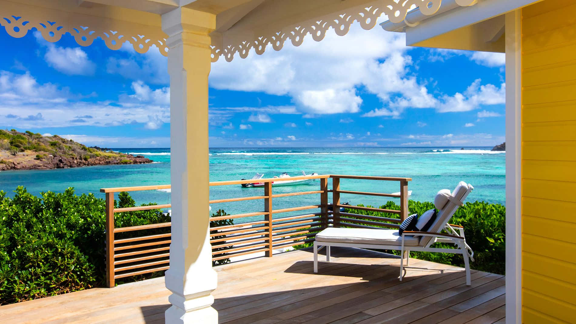 tropical beach resort, white lounge chair, yellow pergola, HD Desktop Wallpaper