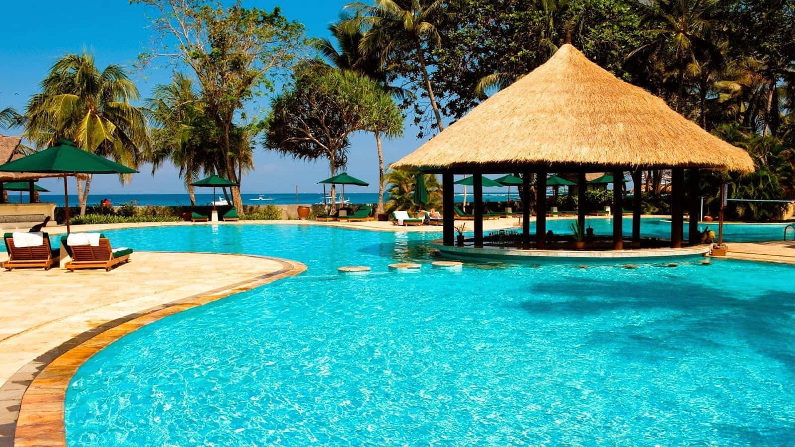 Beach Resort, turquoise pool, sandy beach, HD Desktop Wallpaper