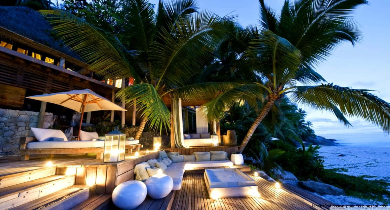 Beach Resort, twilight, palm trees, HD Desktop Wallpaper