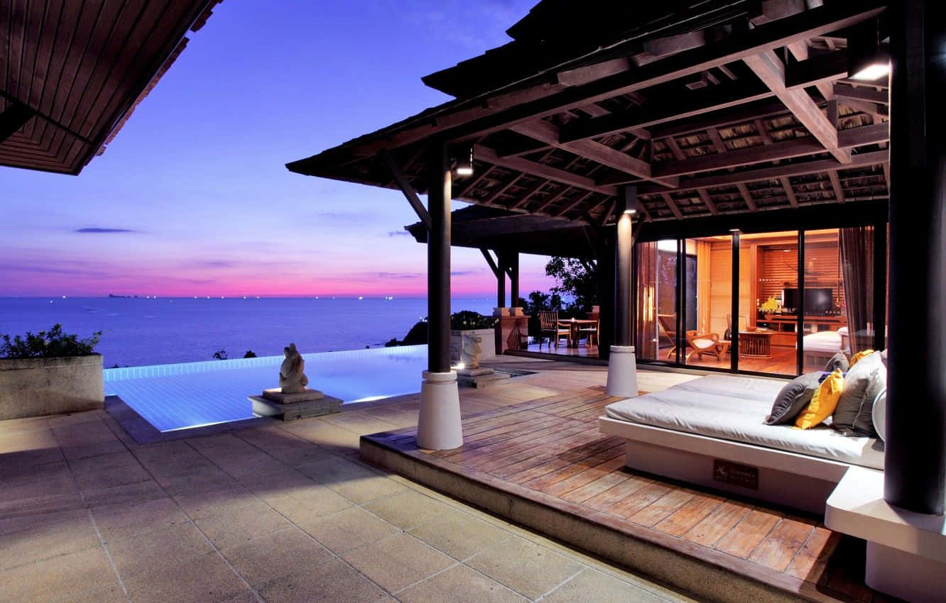 Beach Resort, twilight, infinity pool, HD Desktop Wallpaper