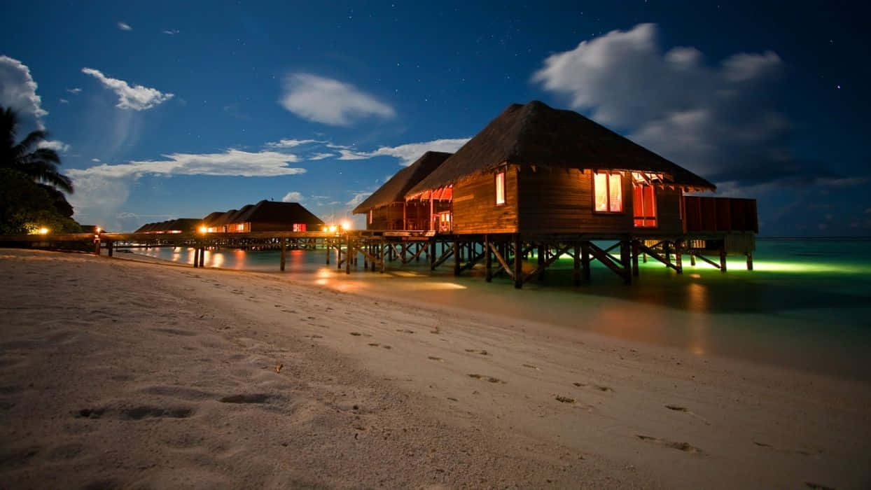Beach Resort, overwater bungalows, starry night sky, SD Desktop Wallpaper