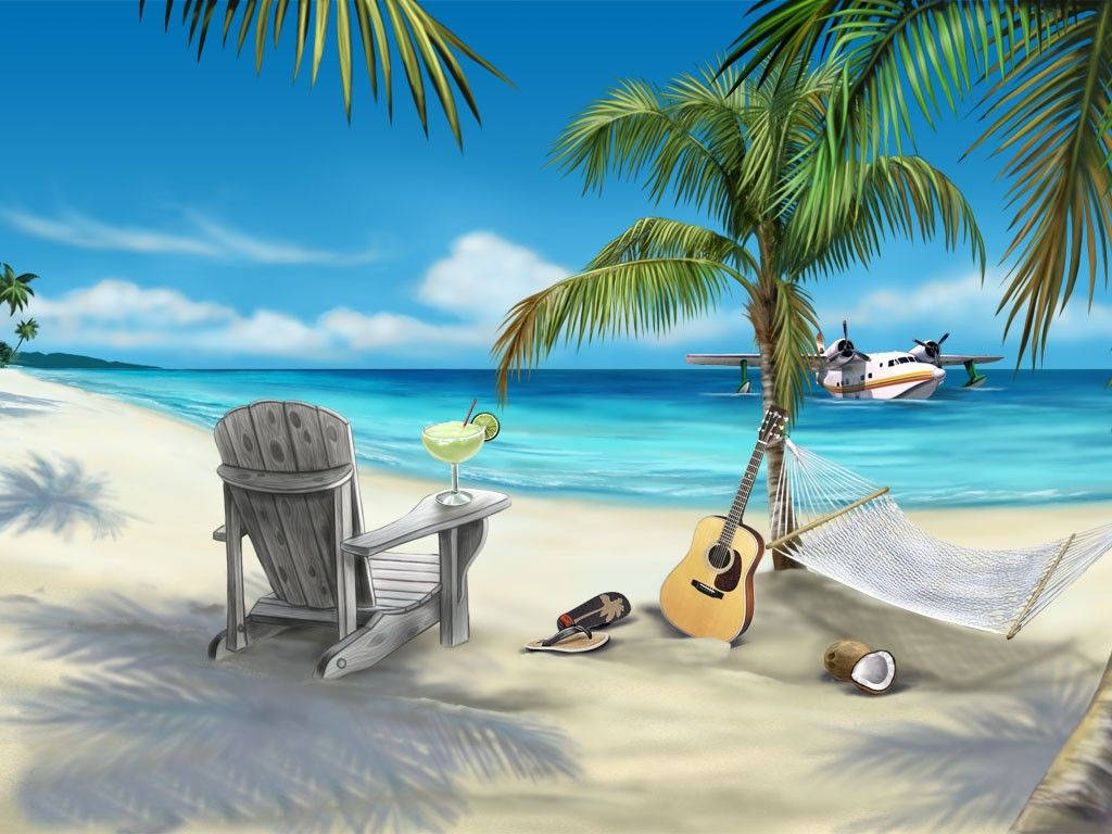 golden sandy beach, palm trees, seaplane, SD Desktop Wallpaper