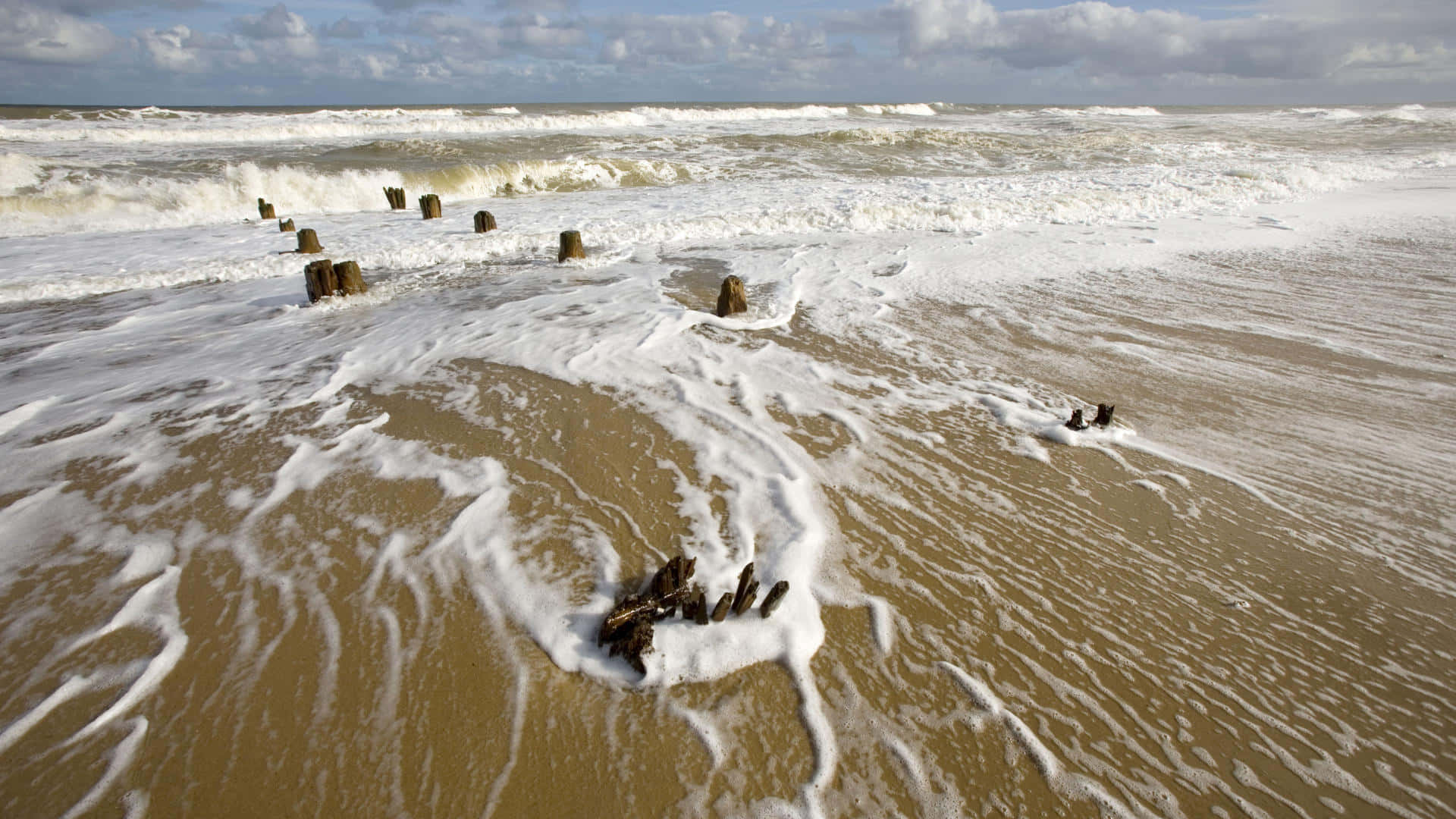 beach sand, golden sands, foamy ocean waves, Full HD Desktop Wallpaper