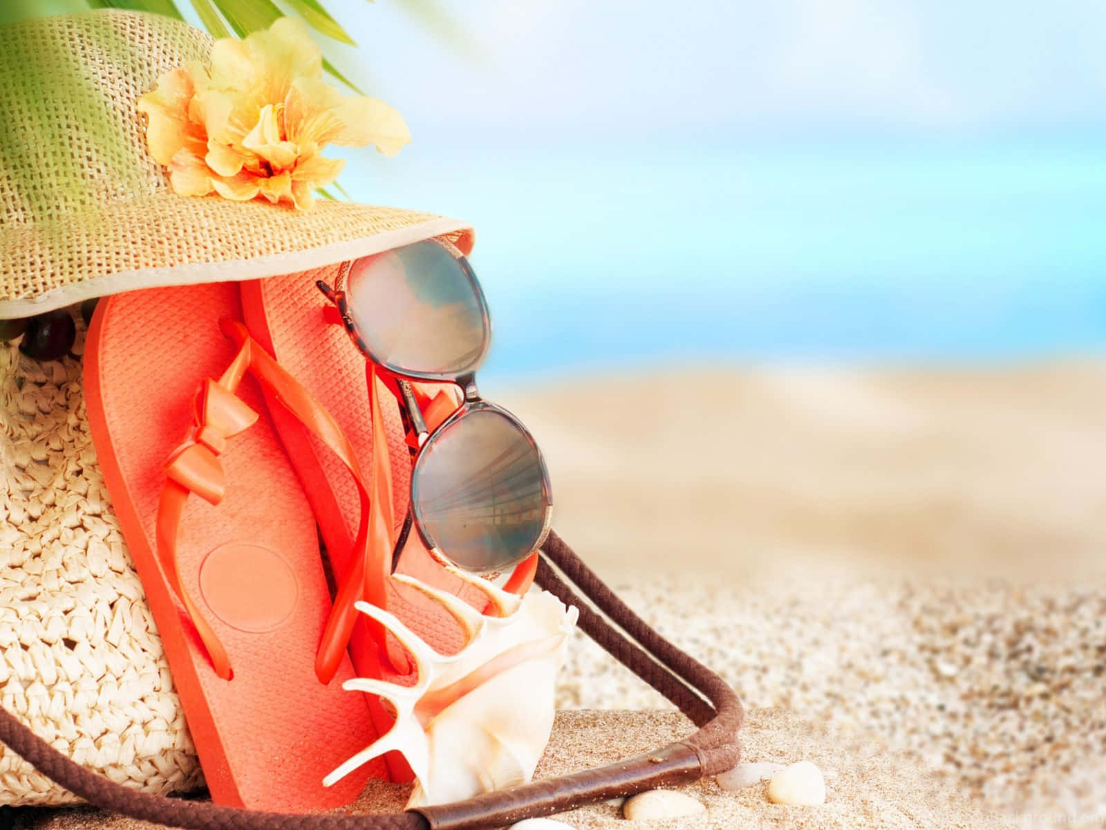 straw hat, yellow hibiscus flower, orange flip flops, HD Desktop Wallpaper