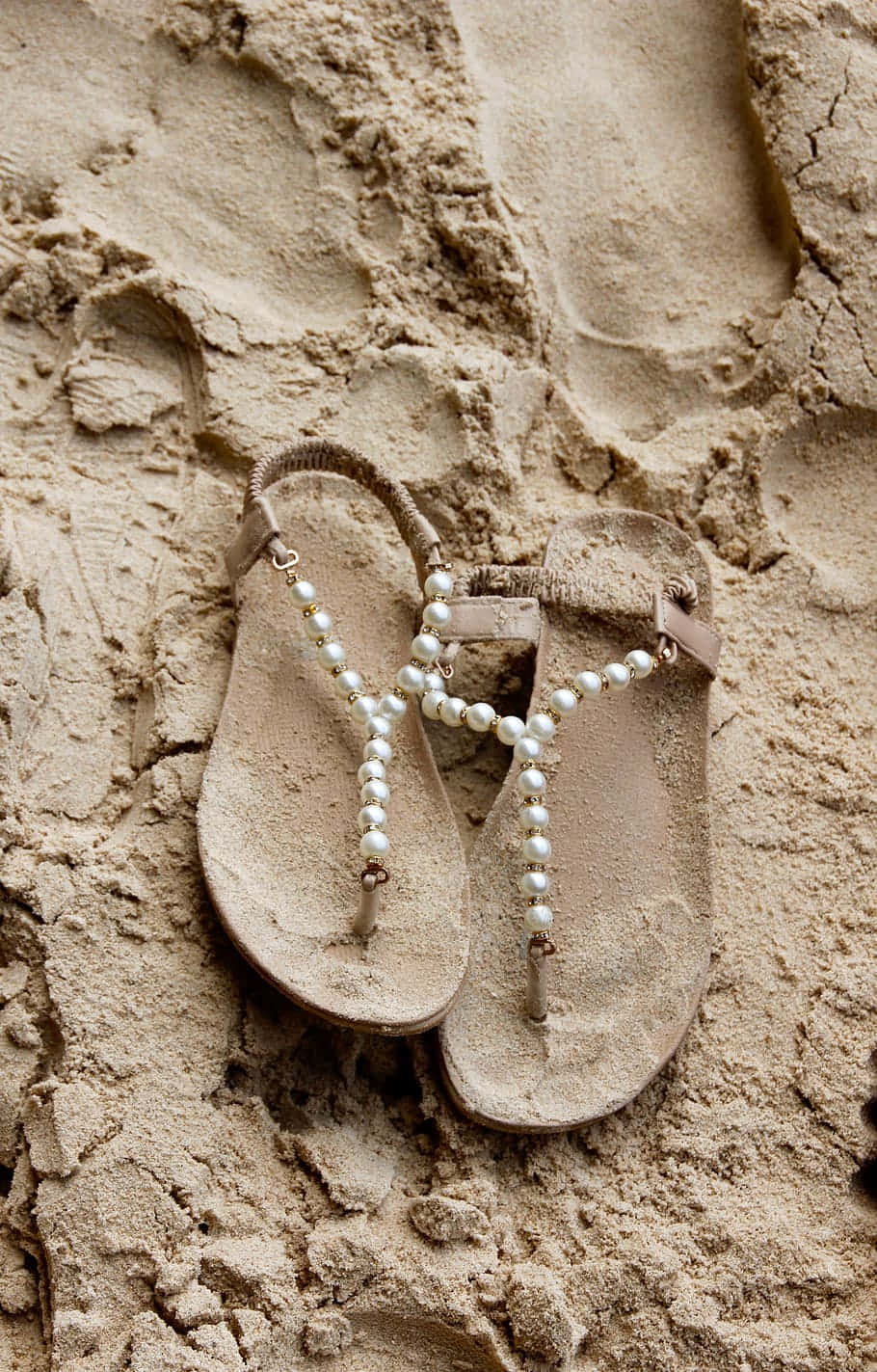 beach sandalsin sand, pearl-embellished beige sandals, textured sandy beach, HD Phone Wallpaper
