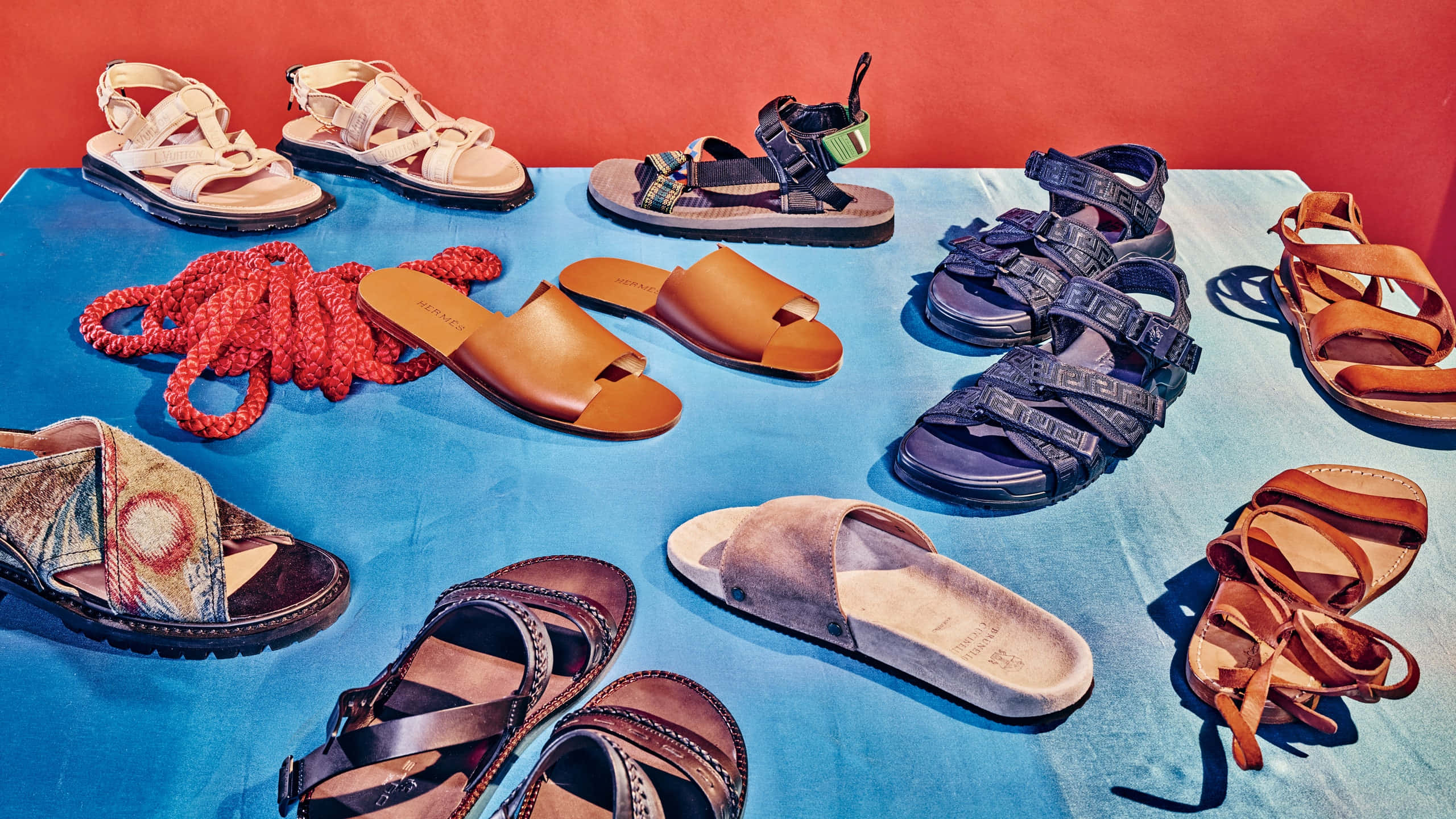 beach sandals, white sand, blue cloth, 2K Desktop Wallpaper