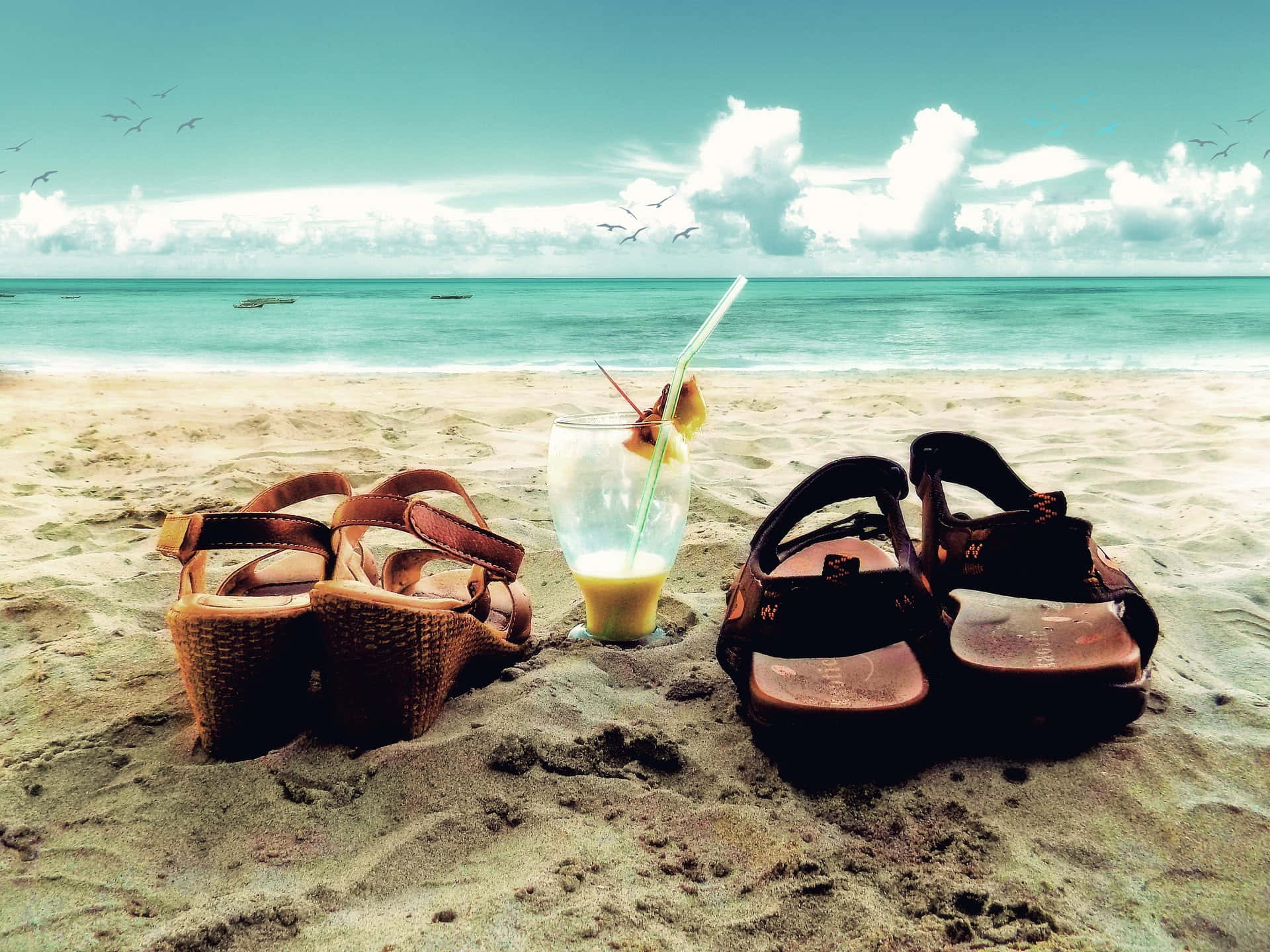Beach Sandals, tropical drink, turquoise ocean, Full HD Desktop Wallpaper