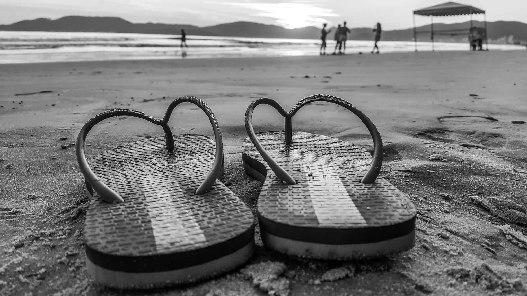 beach sandals, sunset, wet sand, Full HD Desktop Wallpaper