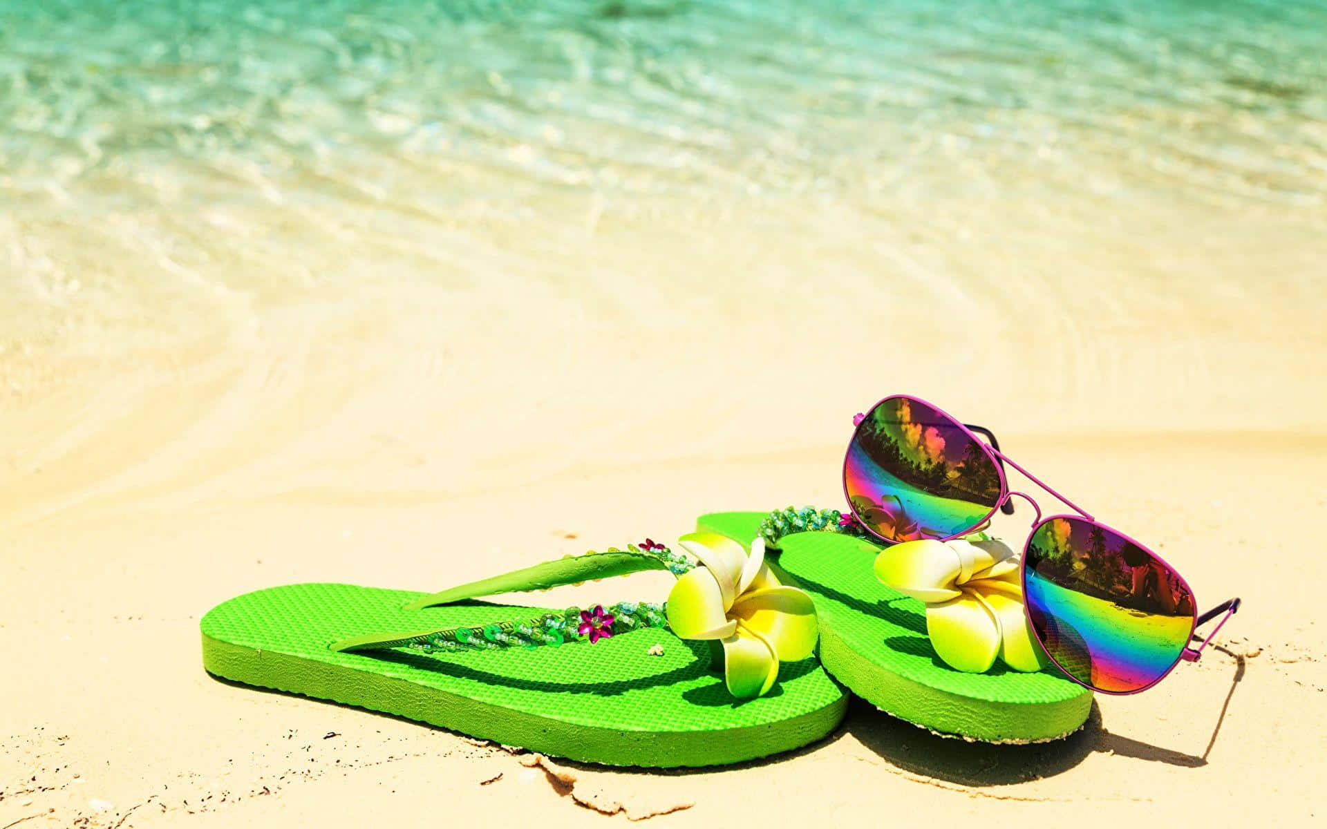beach sandals, vibrant green flip flops, rainbow sunglasses, Full HD Desktop Wallpaper