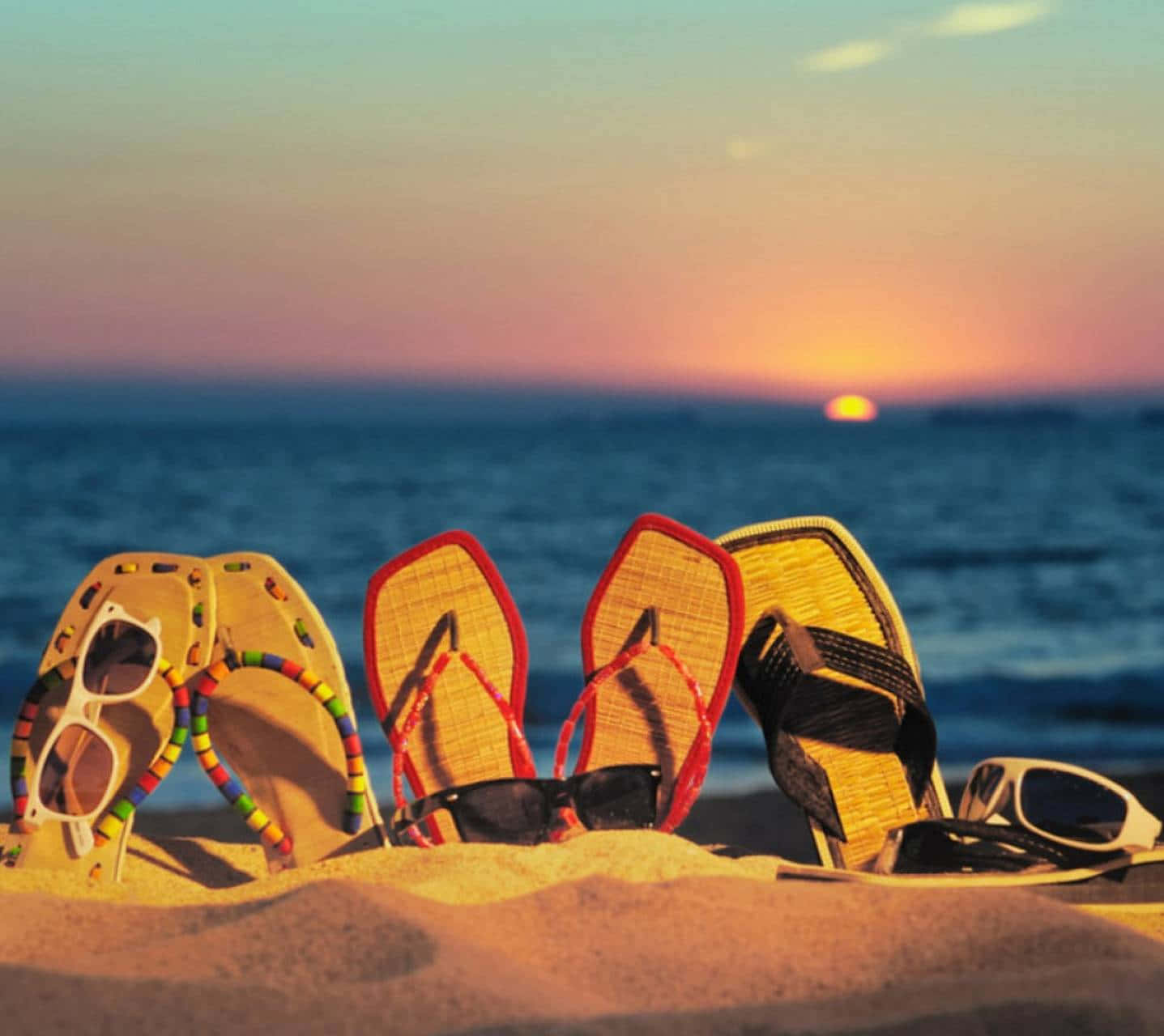 beach sandals, sunny shore, vibrant sunset, HD Desktop Wallpaper