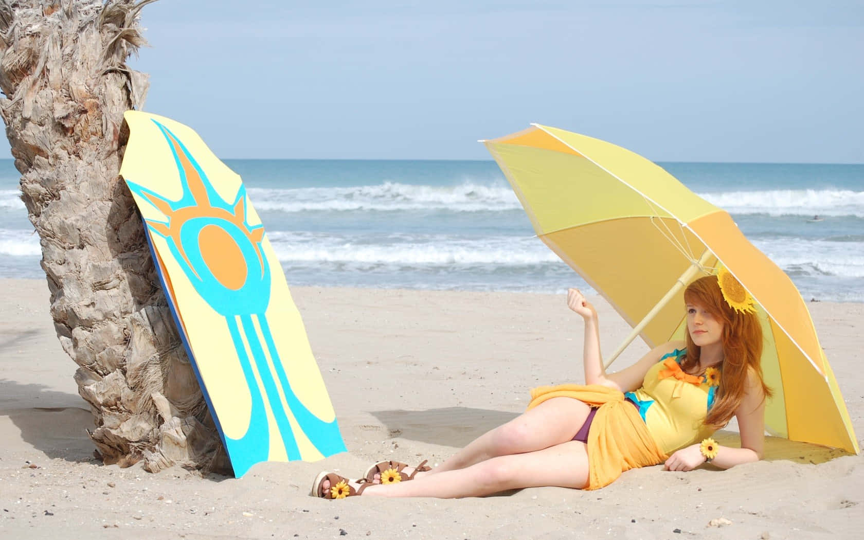 beach sandals, yellow sunflower-themed outfit, matching umbrella, HD Desktop Wallpaper