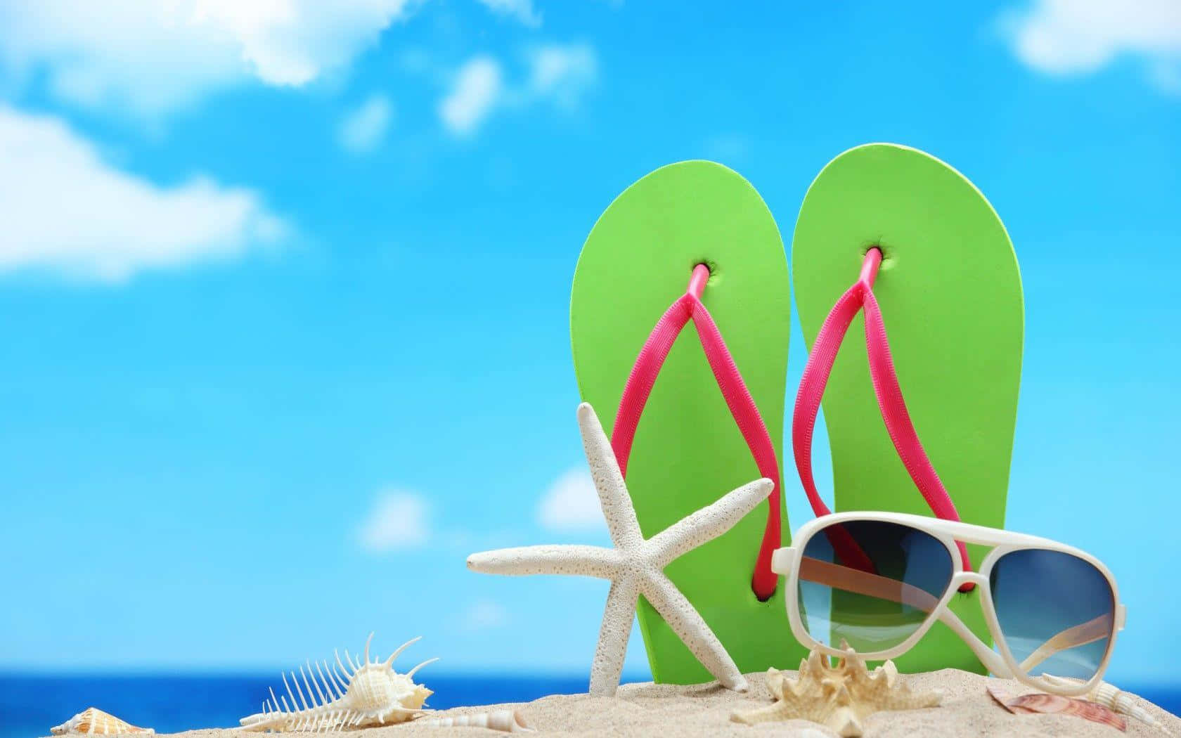 bright green flip flops, pink straps, white sunglasses, HD Desktop Wallpaper