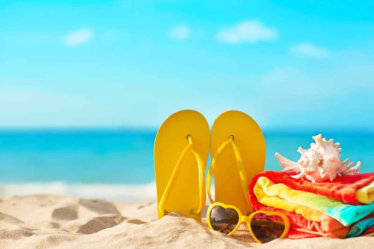 beach sandals, bright yellow flip flops, heart-shaped sunglasses, SD Desktop Wallpaper