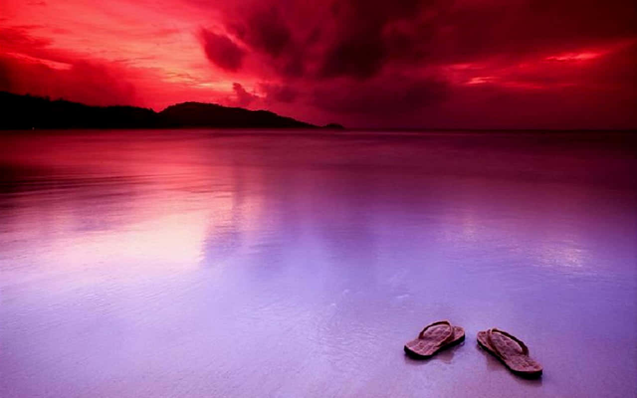 beach sandals, wet sand, dramatic red and purple sunset sky, HD Desktop Wallpaper