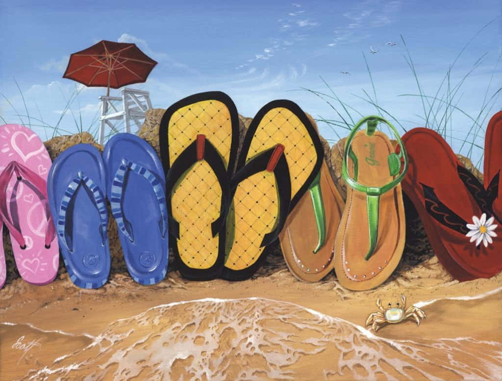 Beach Sandals, sandy beach, ocean waves, SD Desktop Wallpaper