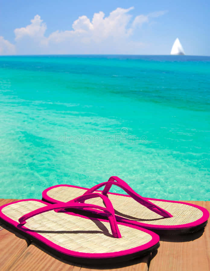 beach sandals, pink flip flops, wooden deck, SD Phone Wallpaper