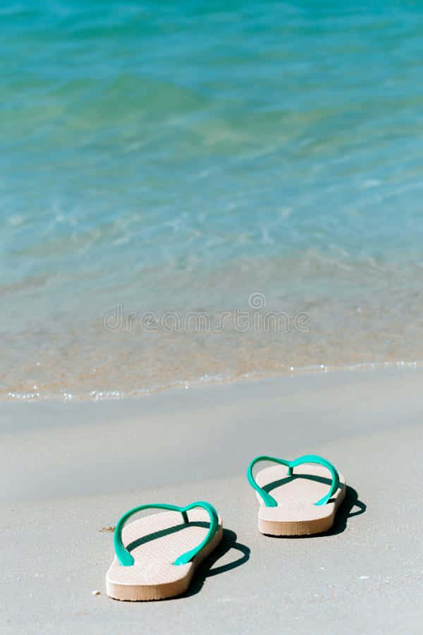 beach sandals, turquoise flip flops, sandy shore, SD Phone Wallpaper