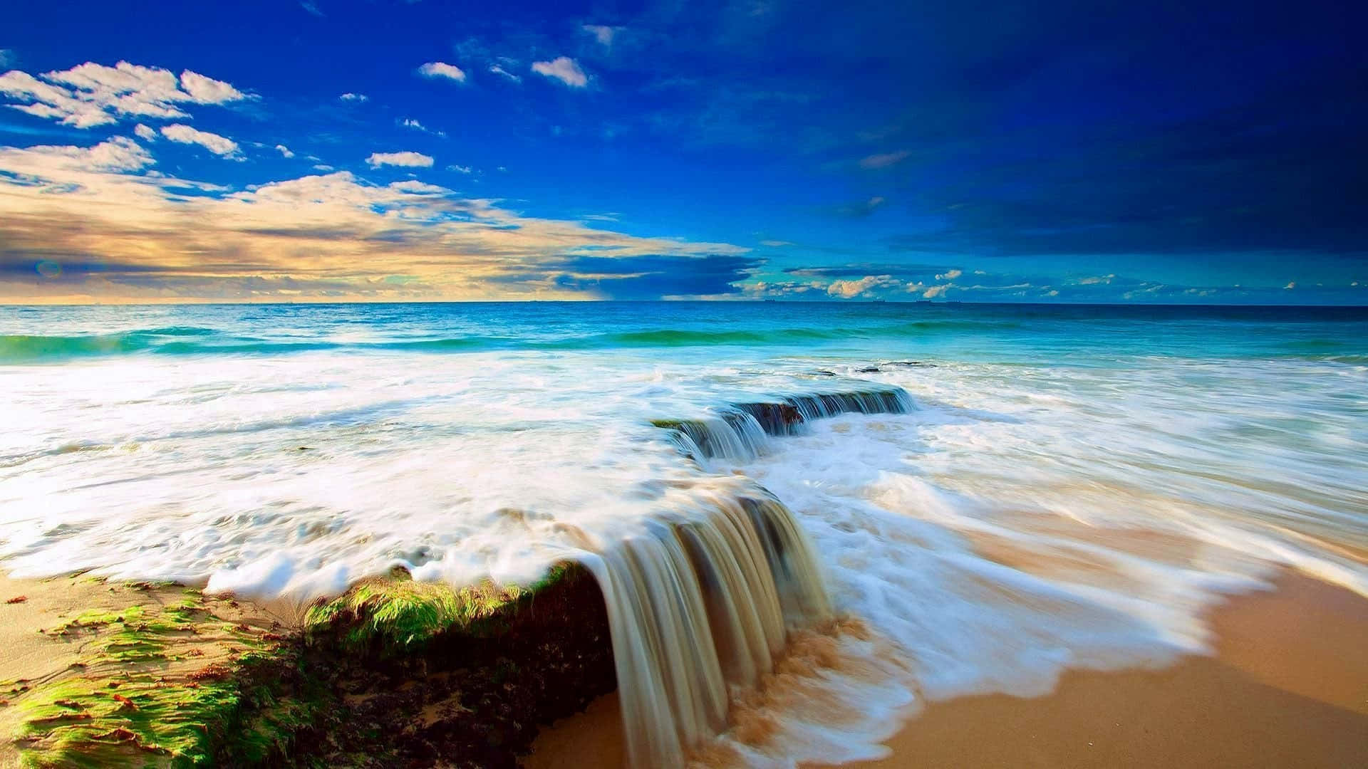 beach scene, waterfall, blue skies, Full HD Desktop Wallpaper