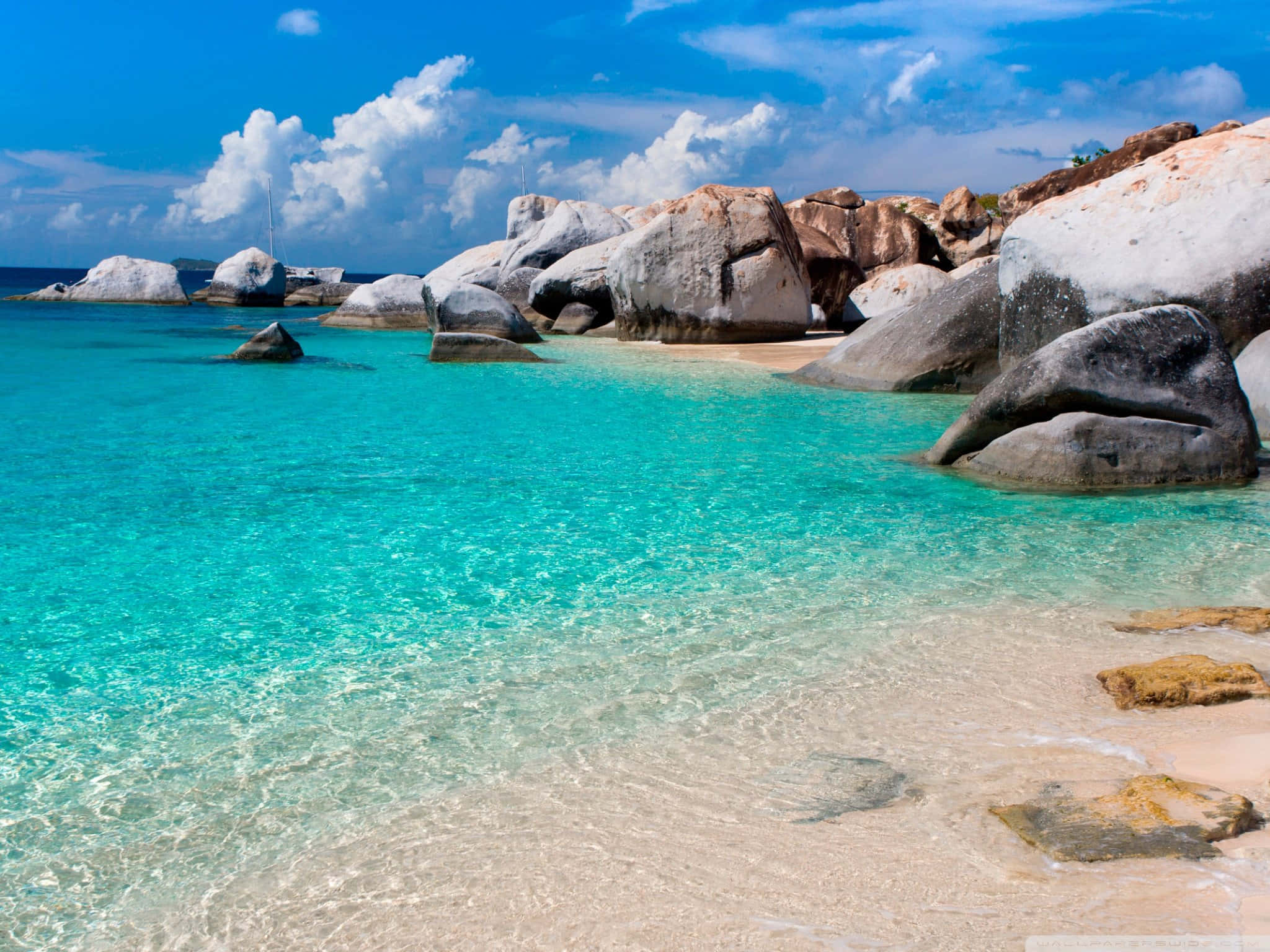 tropical beach scene, rock formation, crystal clear turquoise water, Full HD Desktop Wallpaper