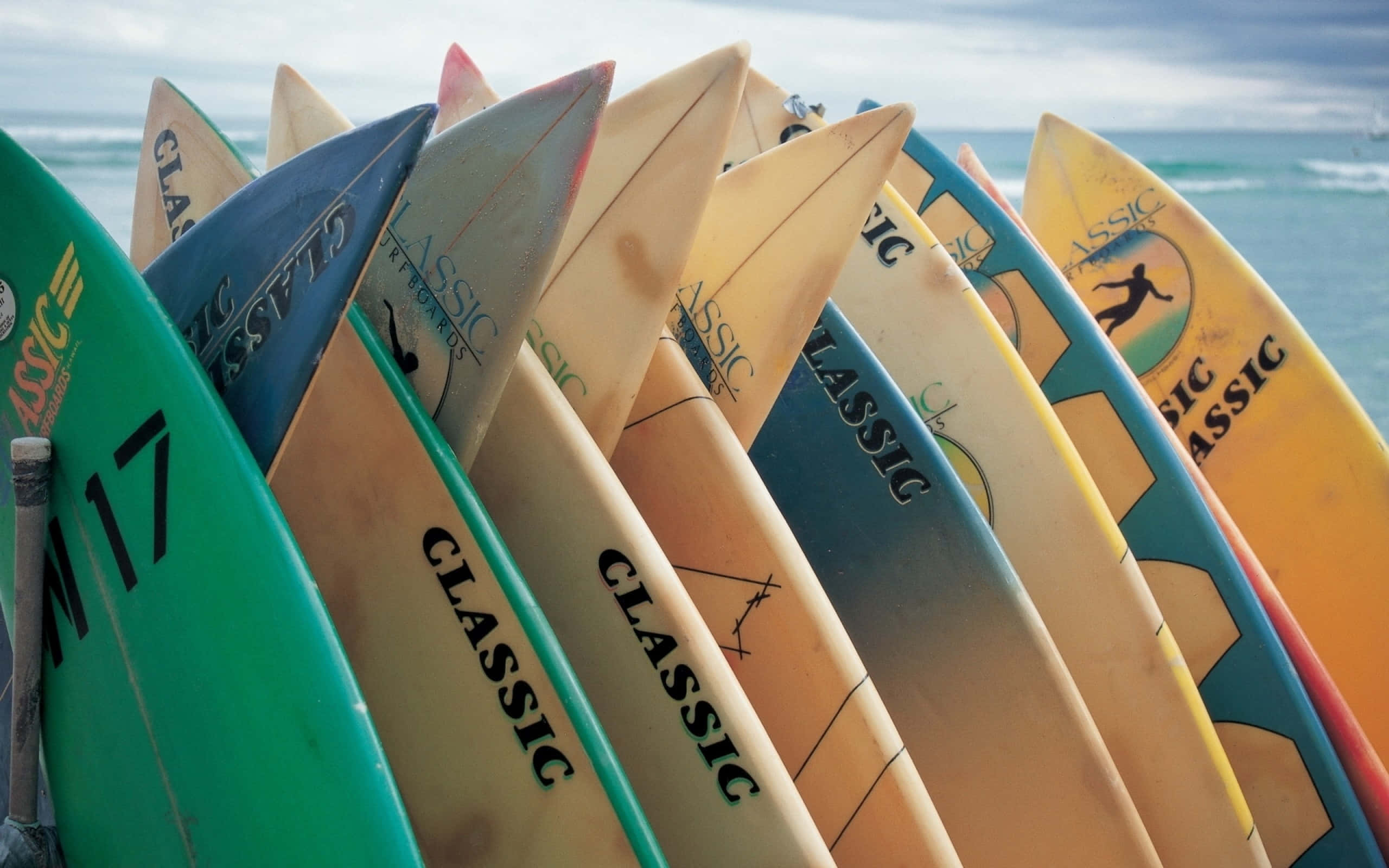 pastel classic surfboards, beach, ocean waves, 2K Desktop Wallpaper
