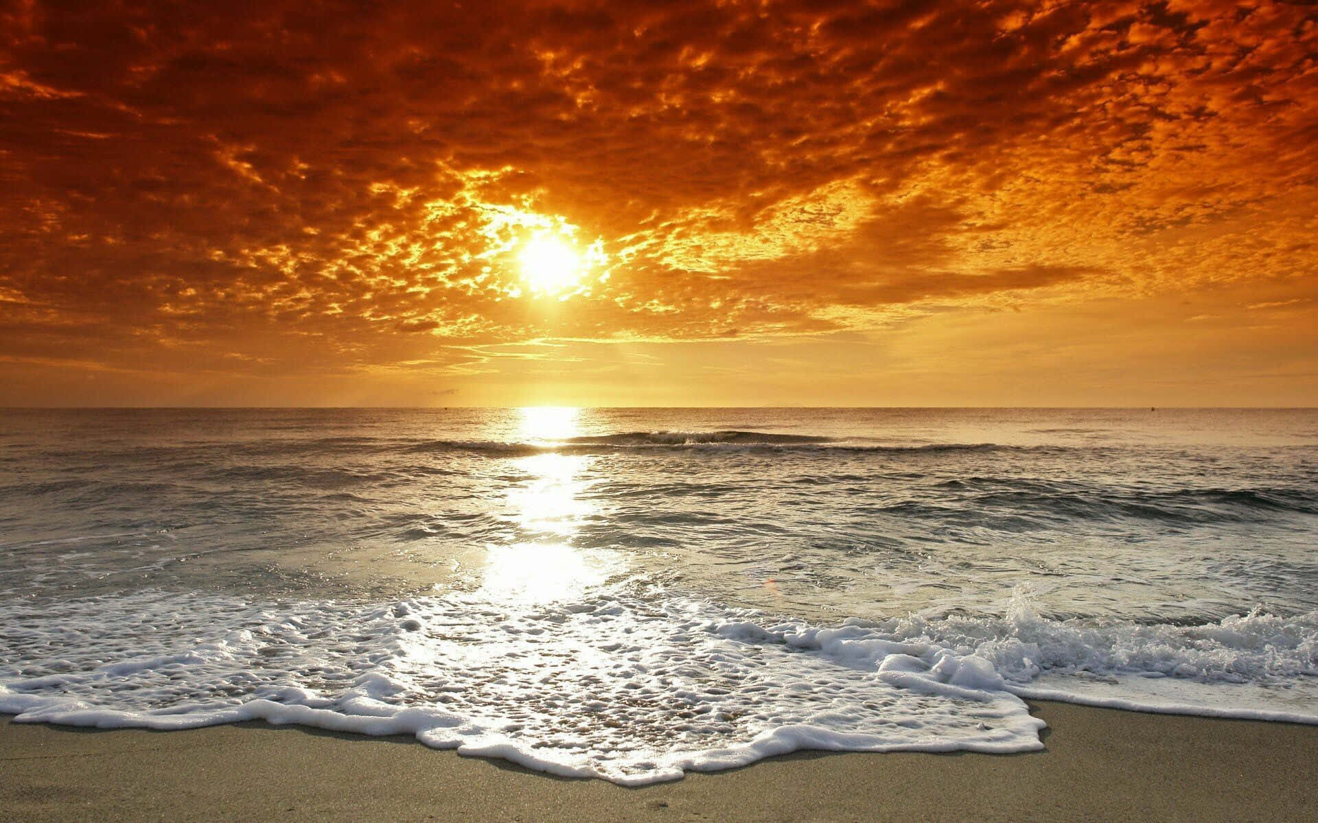 beach sunset, fiery sunset, orange sky, Full HD Desktop Wallpaper