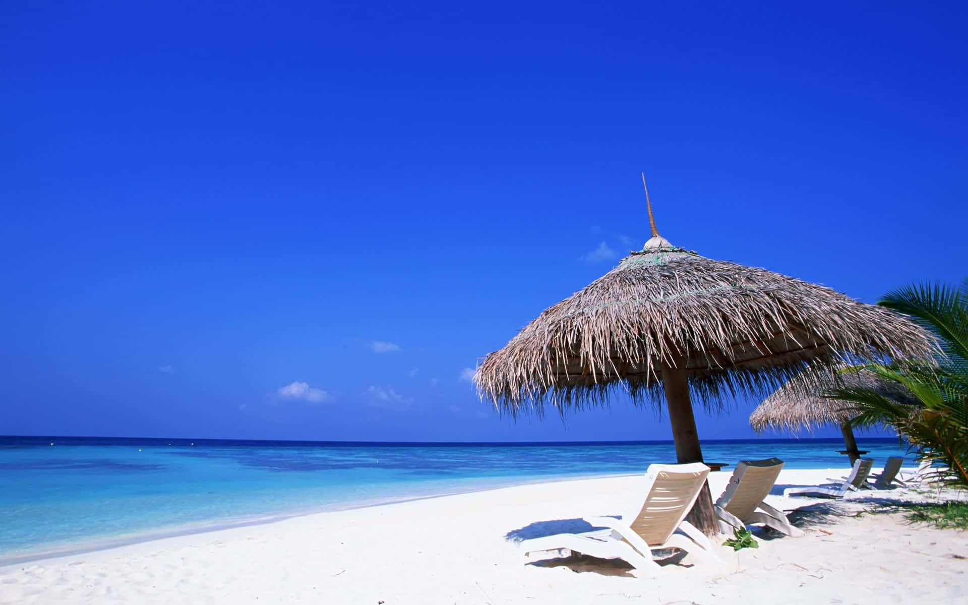 Cute Tropical Island Beach Chair, white sand, turquoise water, Full HD Desktop Wallpaper