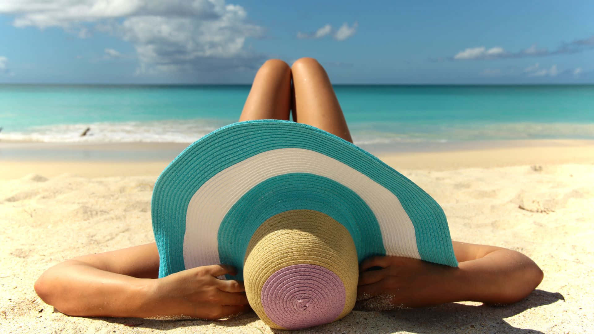 tropical beach scene, sunbathing summer, colorful striped sun hat, Full HD Desktop Wallpaper
