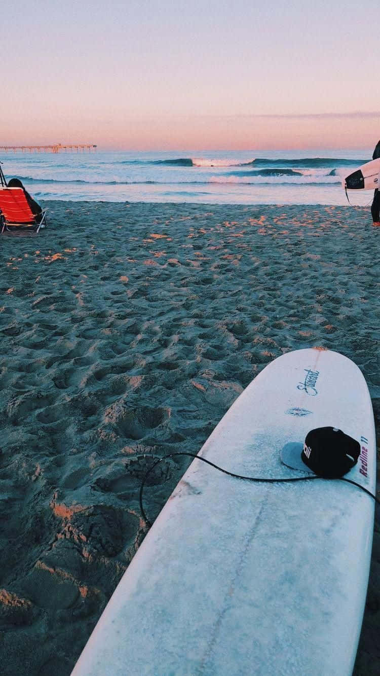 surfboard, sandy beach, twilight, HD Phone Wallpaper