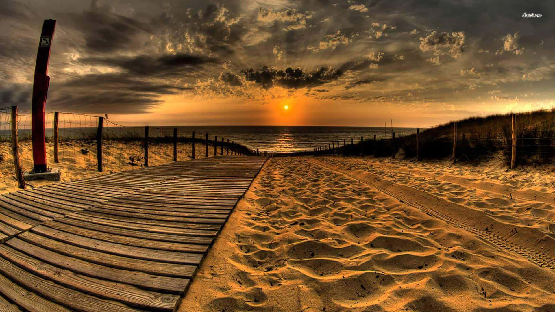 wooden walkway, golden sand, dramatic sunset, Full HD Desktop Wallpaper