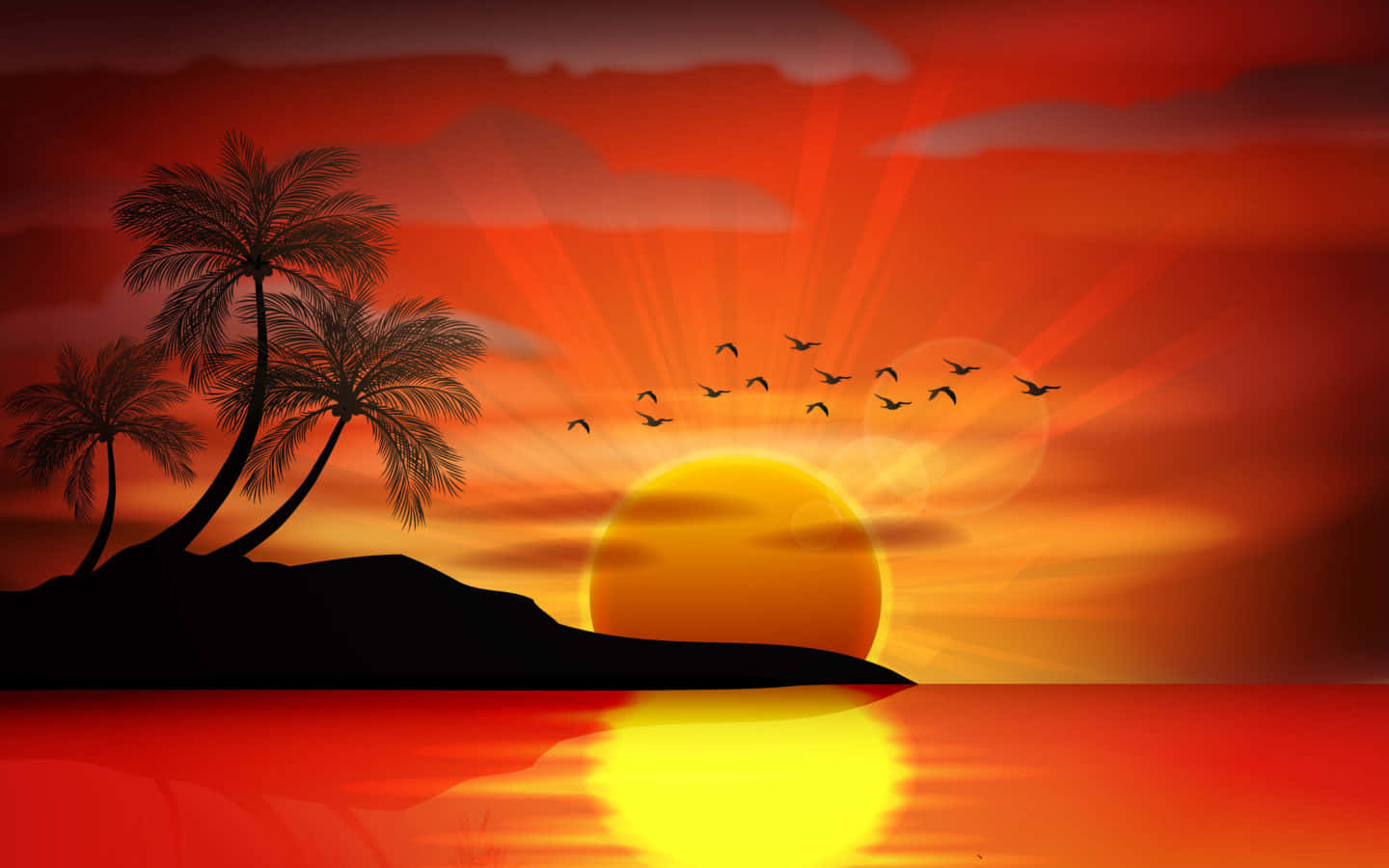 tropical island, sunset, glowing orange sun, HD Desktop Wallpaper