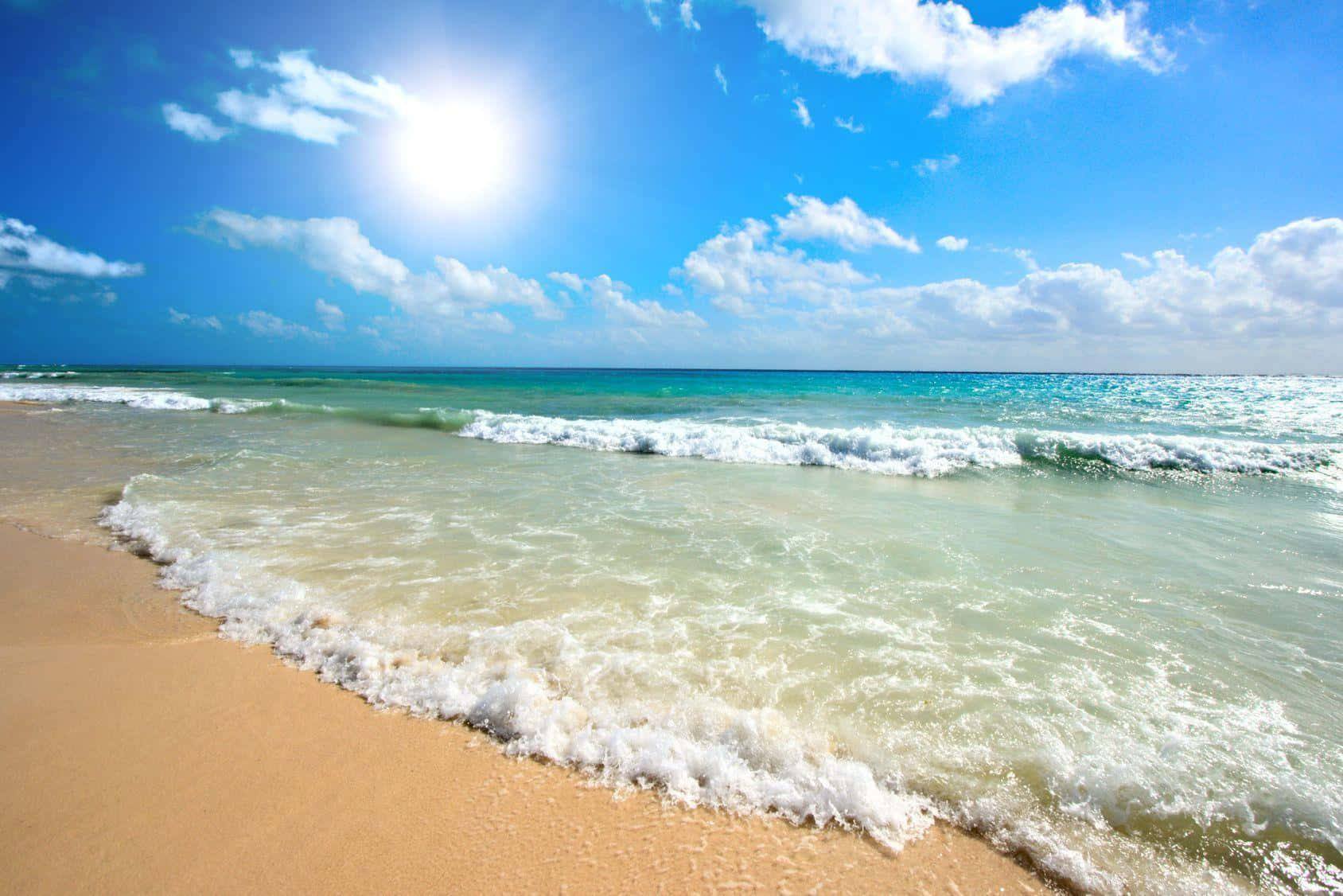 sandy beach, turquoise waves, golden sand, HD Desktop Wallpaper