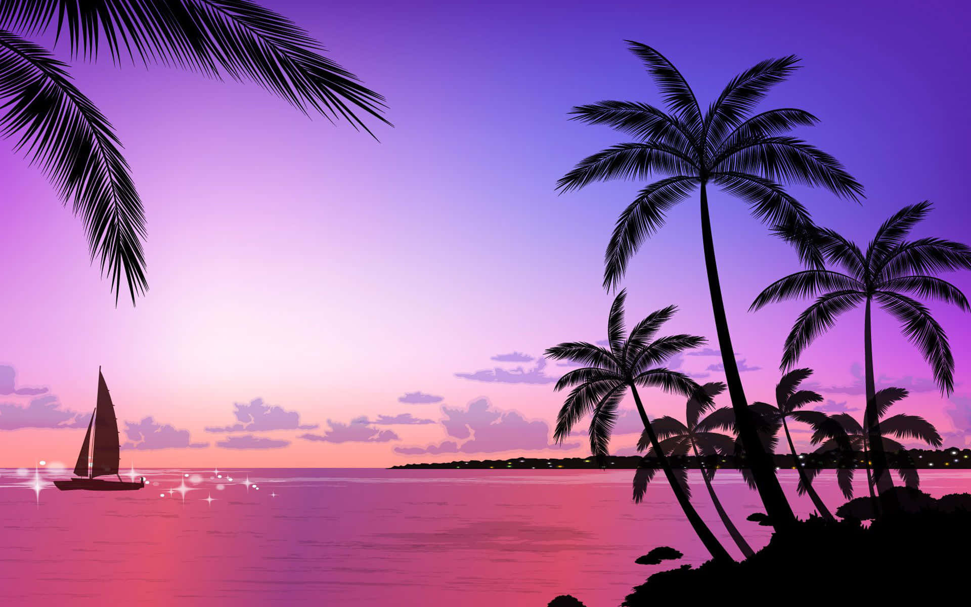 tropical sunset, violet and purple skies, silhouetted palm trees, Full HD Desktop Wallpaper