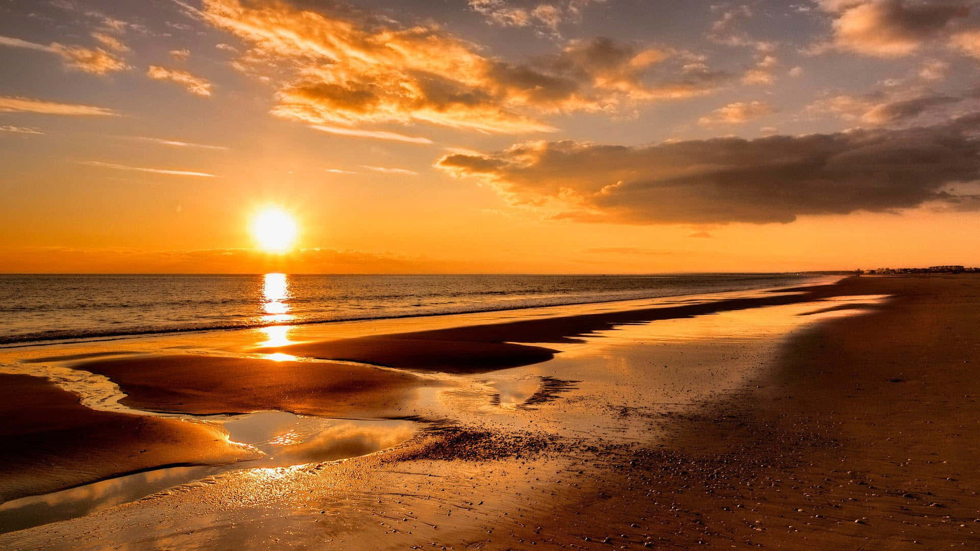 beach, sunset, calm ocean waves, Full HD Desktop Wallpaper