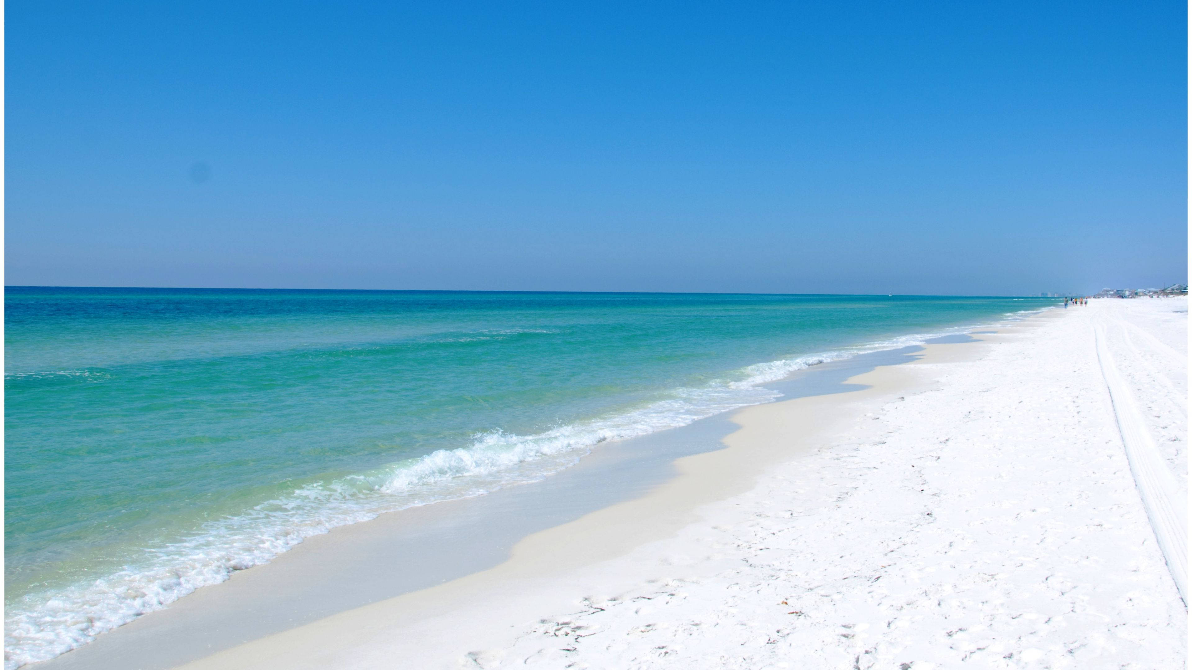 white sandy beach, turquoise waters, clear blue sky, 4K Desktop Wallpaper