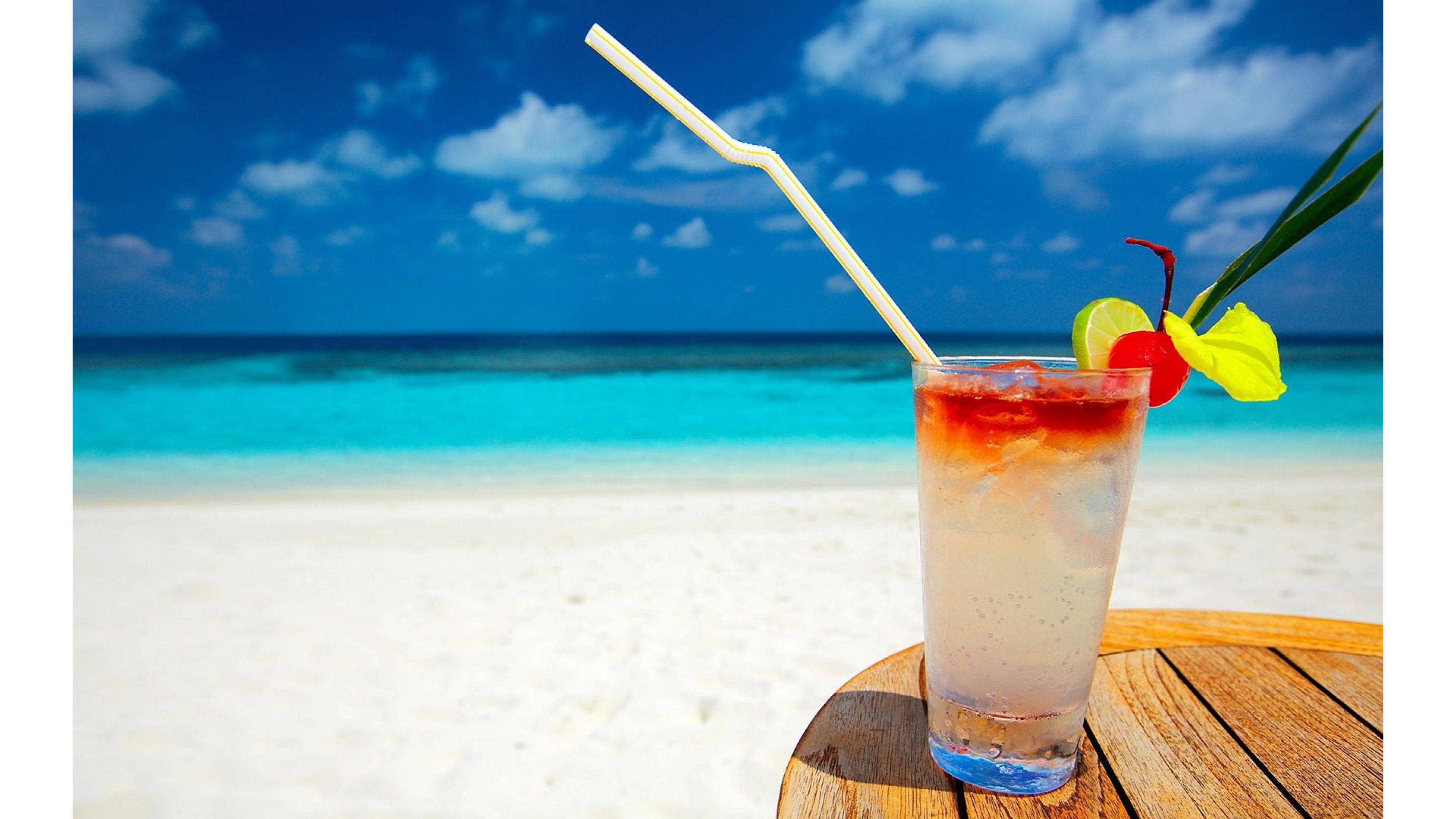 tropical cocktail, straw, flower garnish, 4K Desktop Wallpaper