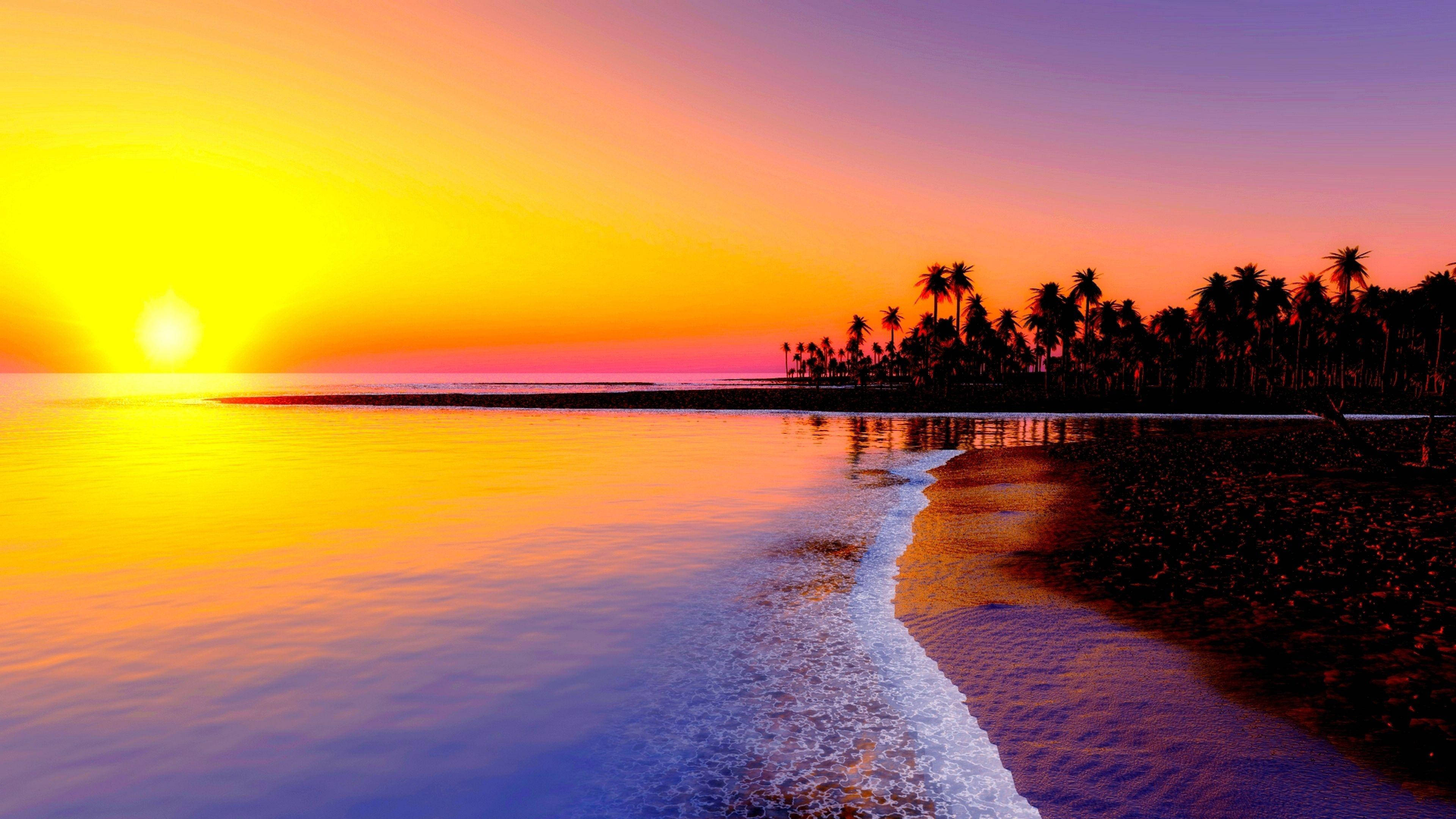 Vibrant Sunset Beach Scenes Desktop, fiery orange, purple, 4K Desktop Wallpaper